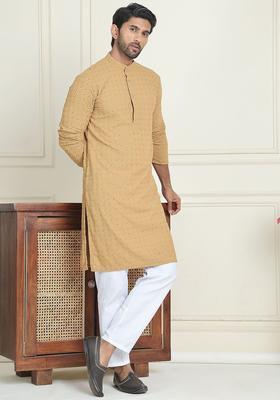 Brown Embroidered Viscose Kurta Set For Men