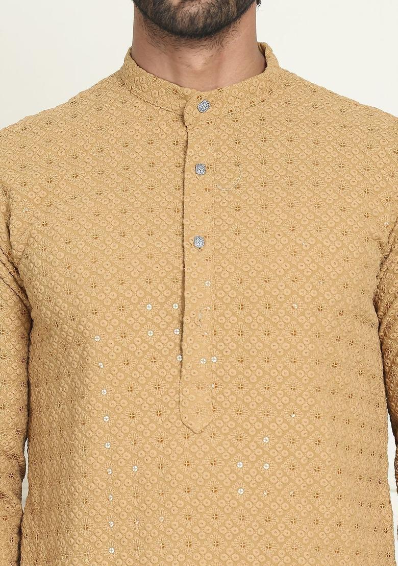 Brown Embroidered Viscose Kurta Set For Men - Indya