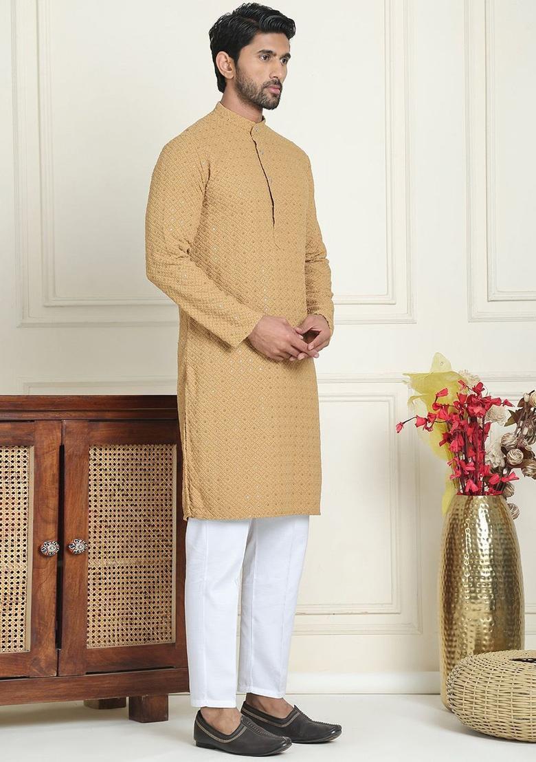 Brown Embroidered Viscose Kurta Set For Men - Indya
