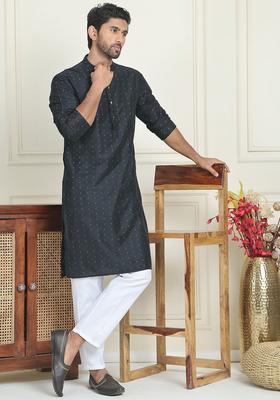 Black Woven Design Silk Kurta Set For Men