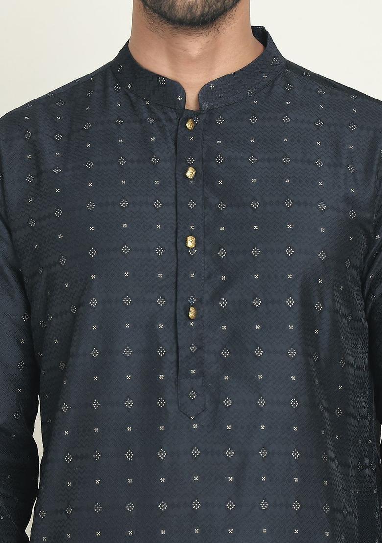 Black Woven Design Silk Kurta Set For Men - Indya