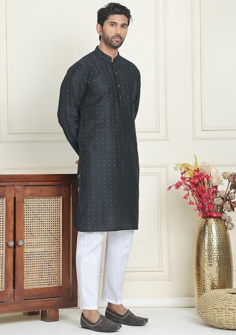 Black Woven Design Silk Kurta Set For Men - Indya