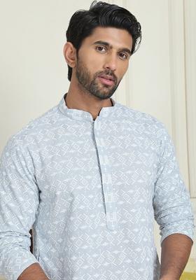 Grey Embroidered Viscose Kurta Set For Men
