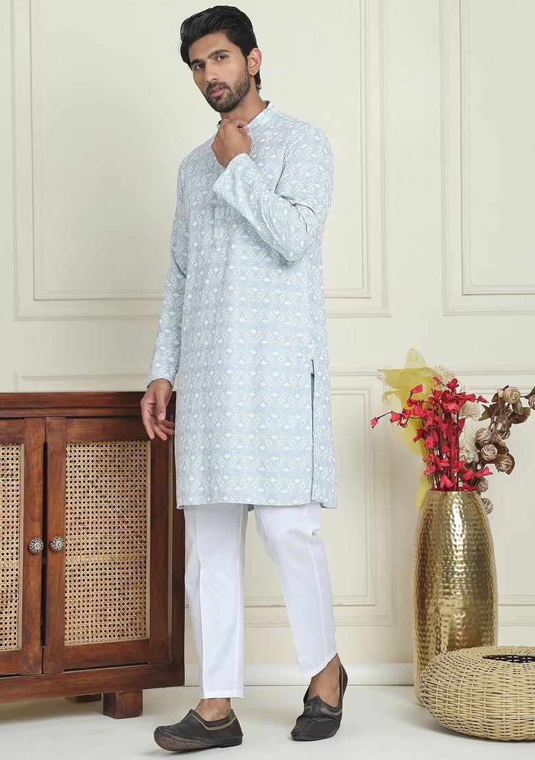 Grey Embroidered Viscose Kurta Set For Men - Indya