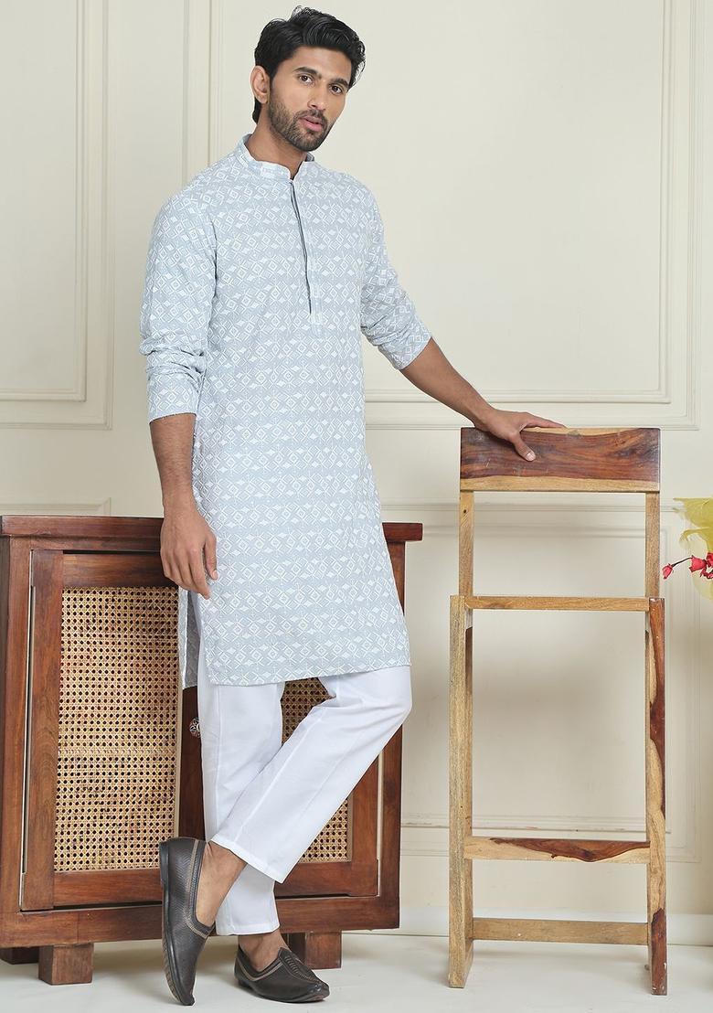 Grey Embroidered Viscose Kurta Set For Men - Indya