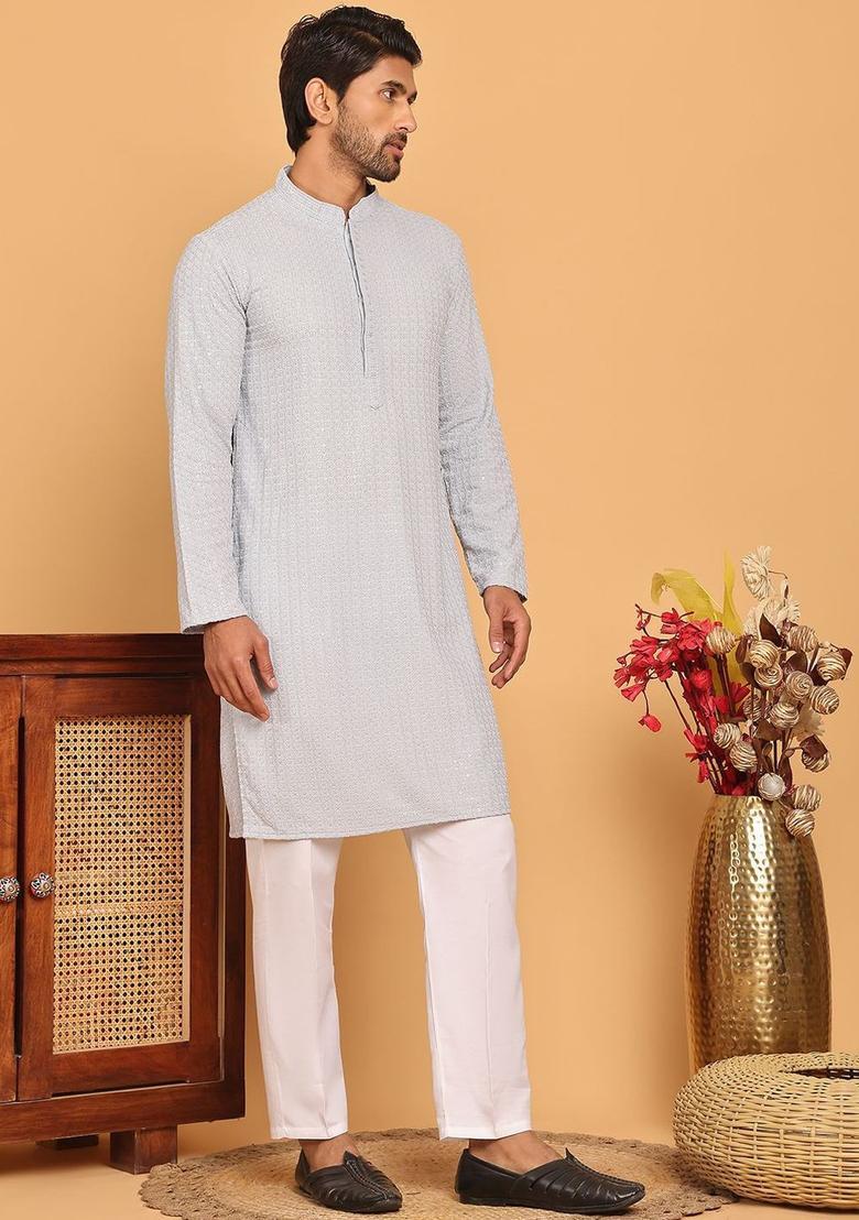 Grey Embroidered Viscose Kurta Set For Men - Indya