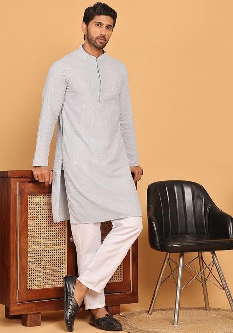 Grey Embroidered Viscose Kurta Set For Men