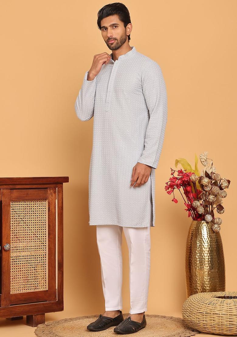 Grey Embroidered Viscose Kurta Set For Men - Indya