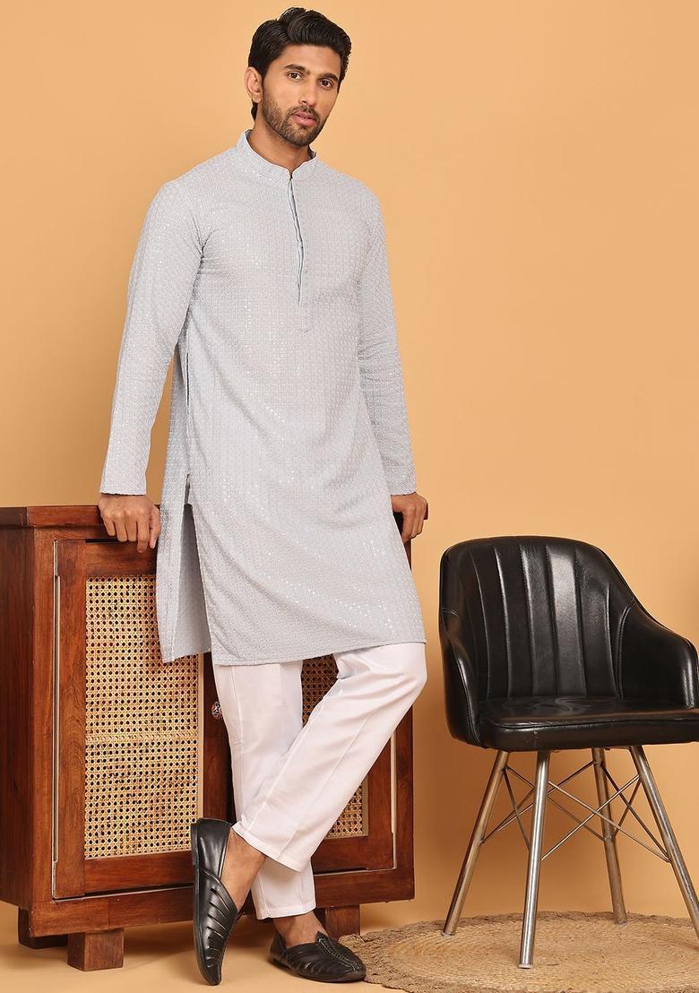 Grey Embroidered Viscose Kurta Set For Men - Indya