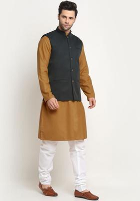 Gold Solid Cotton Kurta Set For Men