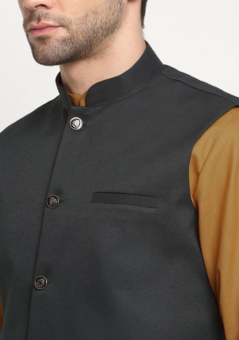 Gold Solid Cotton Kurta Set For Men - Indya