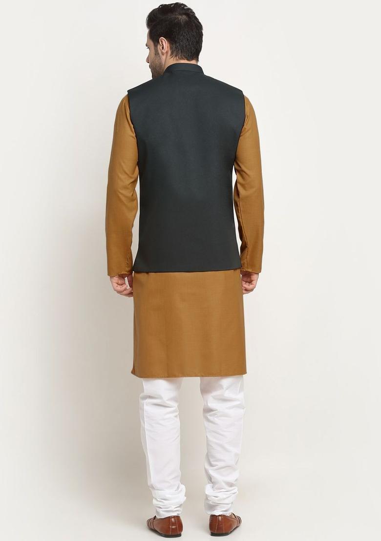 Gold Solid Cotton Kurta Set For Men - Indya