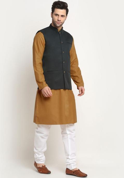 Gold Solid Cotton Kurta Set For Men