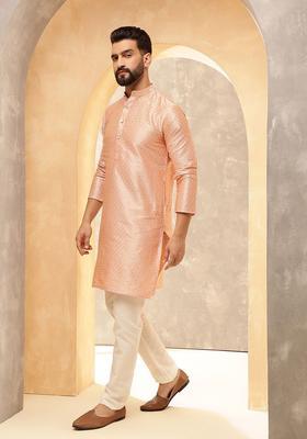 Pink Woven Design Silk Kurta Set For Men