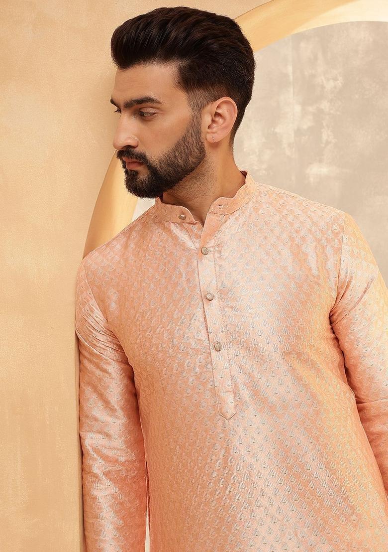 Pink Woven Design Silk Kurta Set For Men - Indya