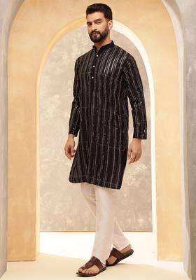 Black Striped Cotton Kurta Set For Men