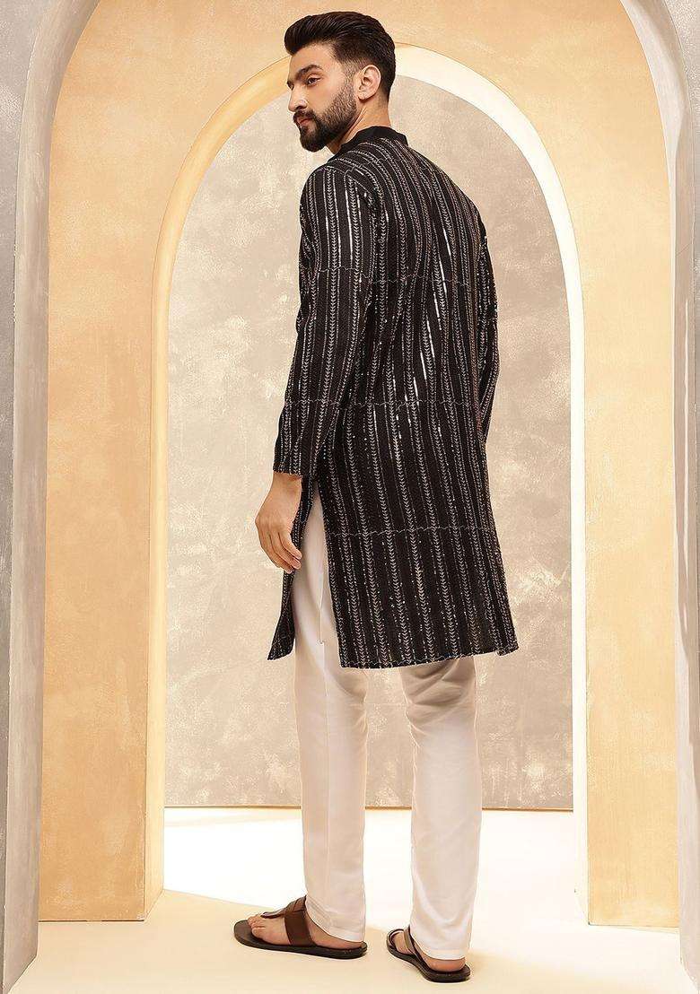 Black Striped Cotton Kurta Set For Men - Indya