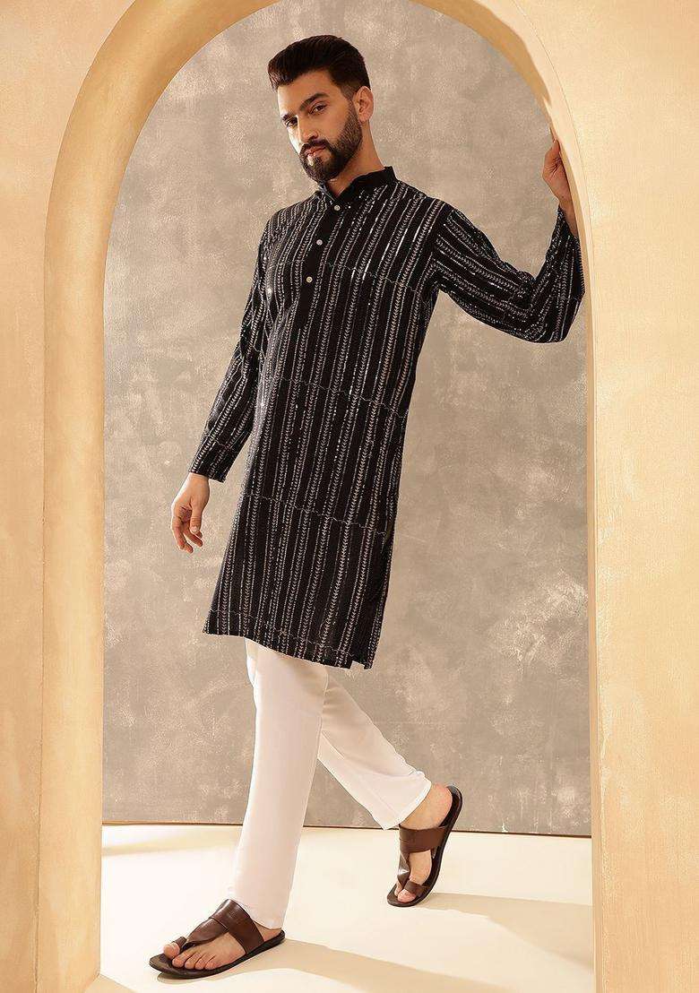 Black Striped Cotton Kurta Set For Men - Indya