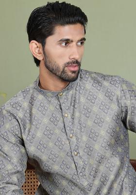 Grey Woven Design Silk Kurta Set For Men