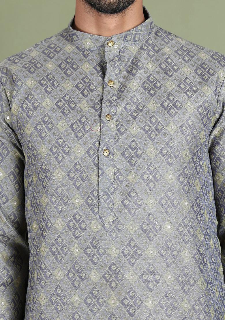 Grey Woven Design Silk Kurta Set For Men - Indya
