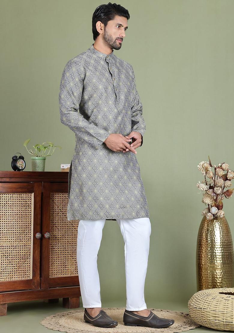 Grey Woven Design Silk Kurta Set For Men - Indya