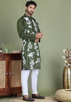 Olive Embroidered Silk Kurta Set For Men