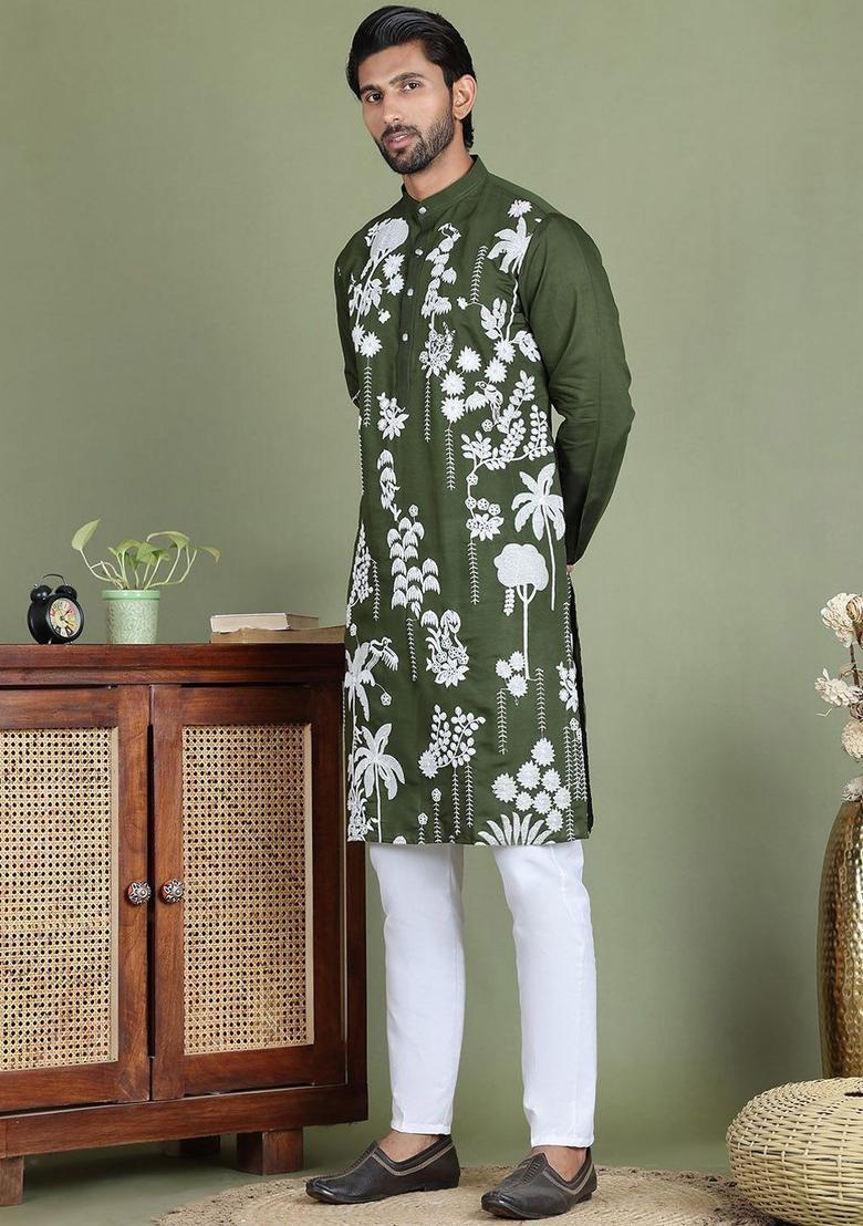 Olive Embroidered Silk Kurta Set For Men - Indya