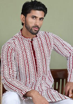 Maroon Embroidered Viscose Kurta Set For Men