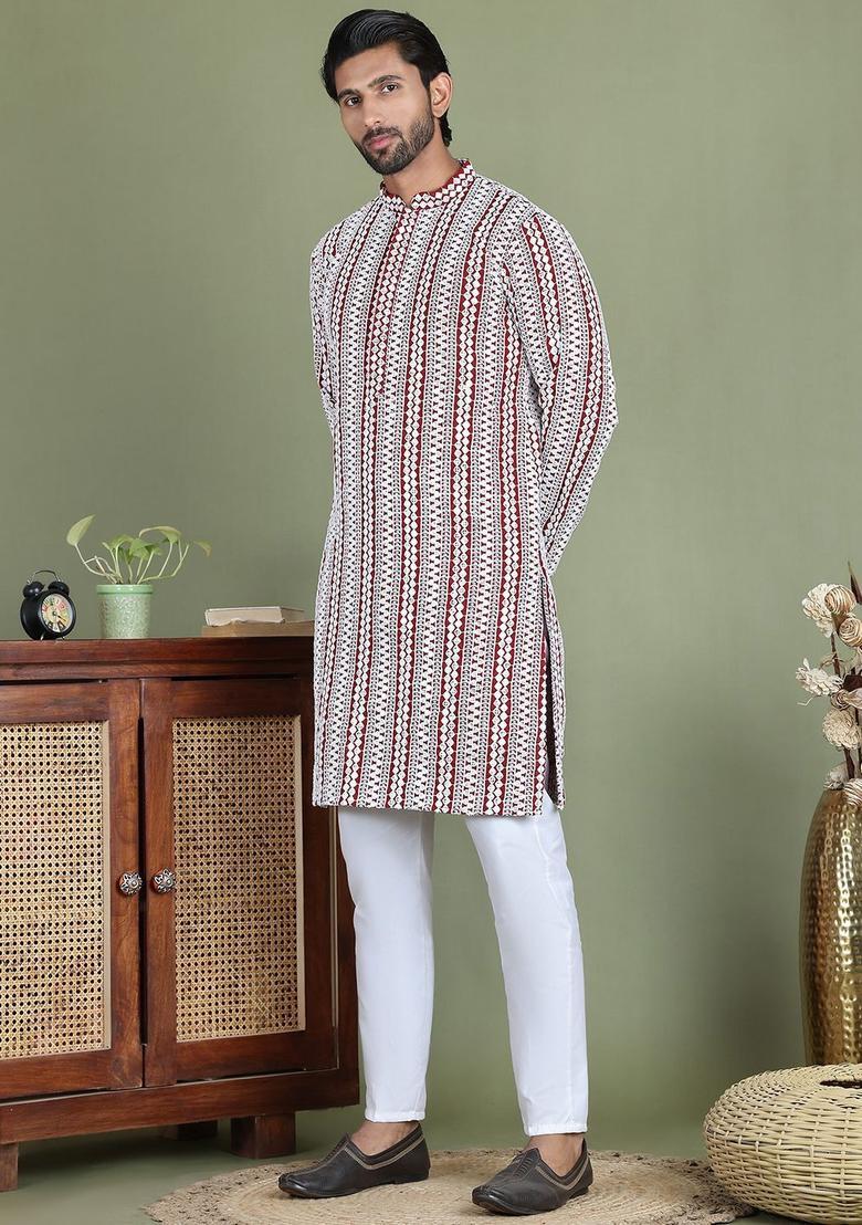 Maroon Embroidered Viscose Kurta Set For Men - Indya