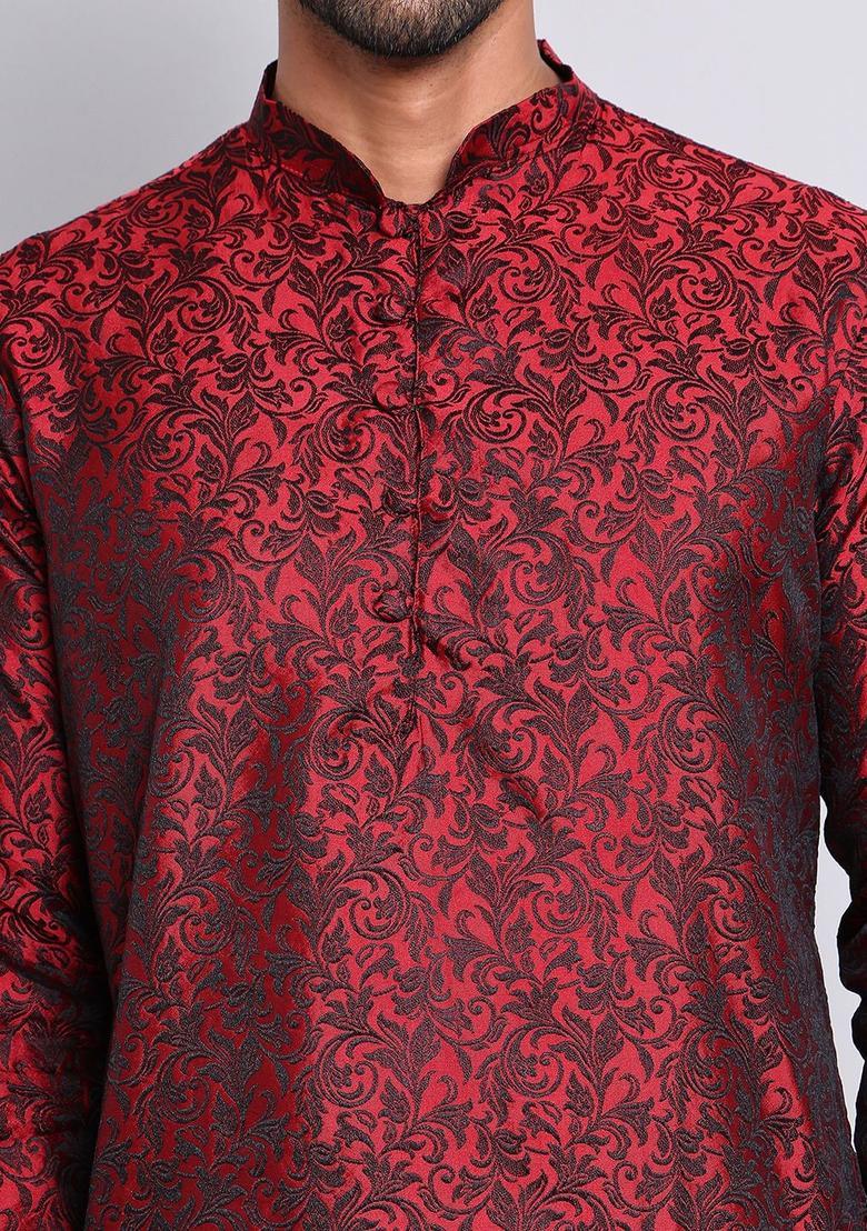 Maroon Woven Design Silk Kurta Set For Men - Indya