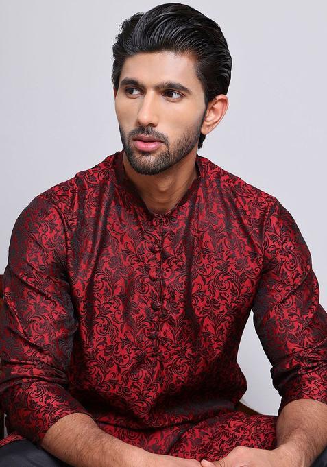 Maroon Woven Design Silk Kurta Set For Men