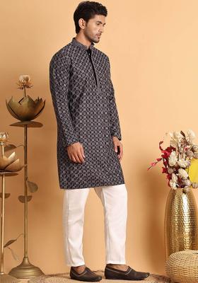 Grey Embroidered Viscose Kurta Set For Men