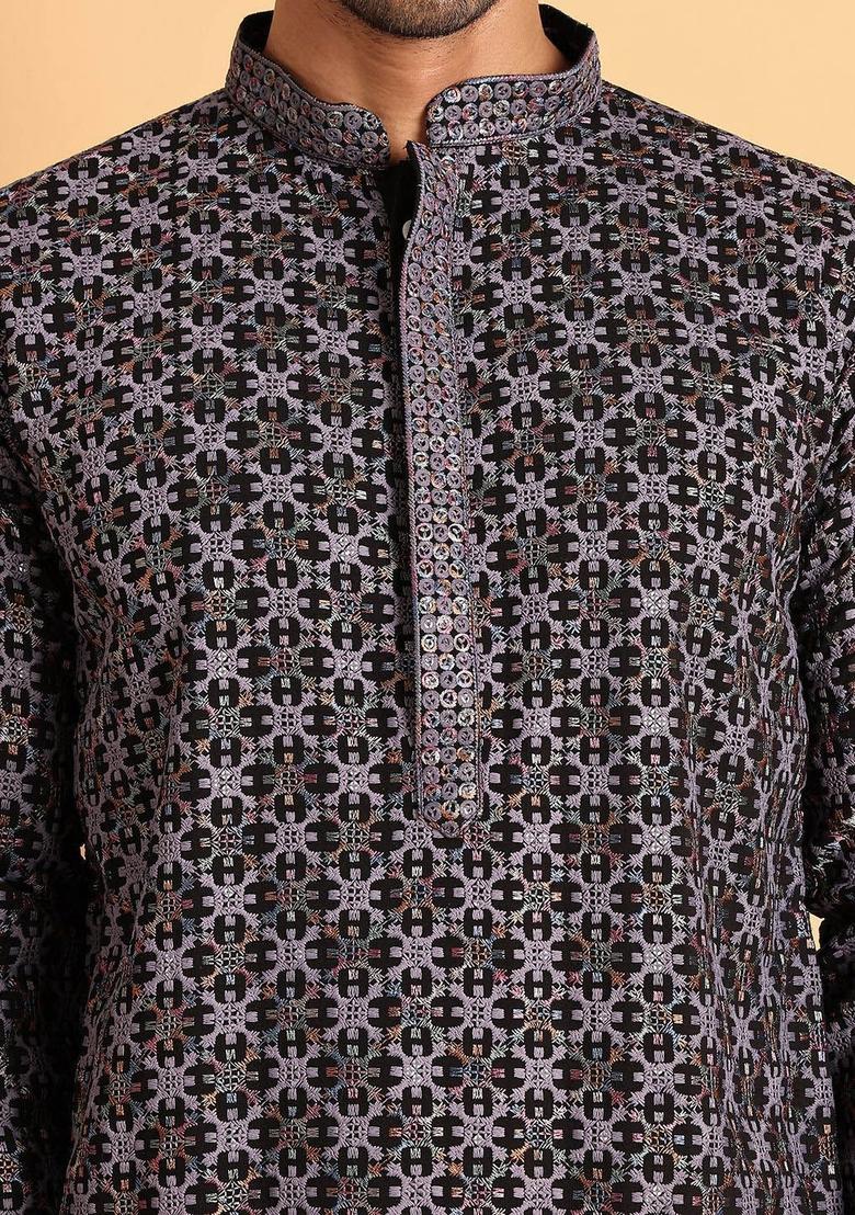 Grey Embroidered Viscose Kurta Set For Men - Indya