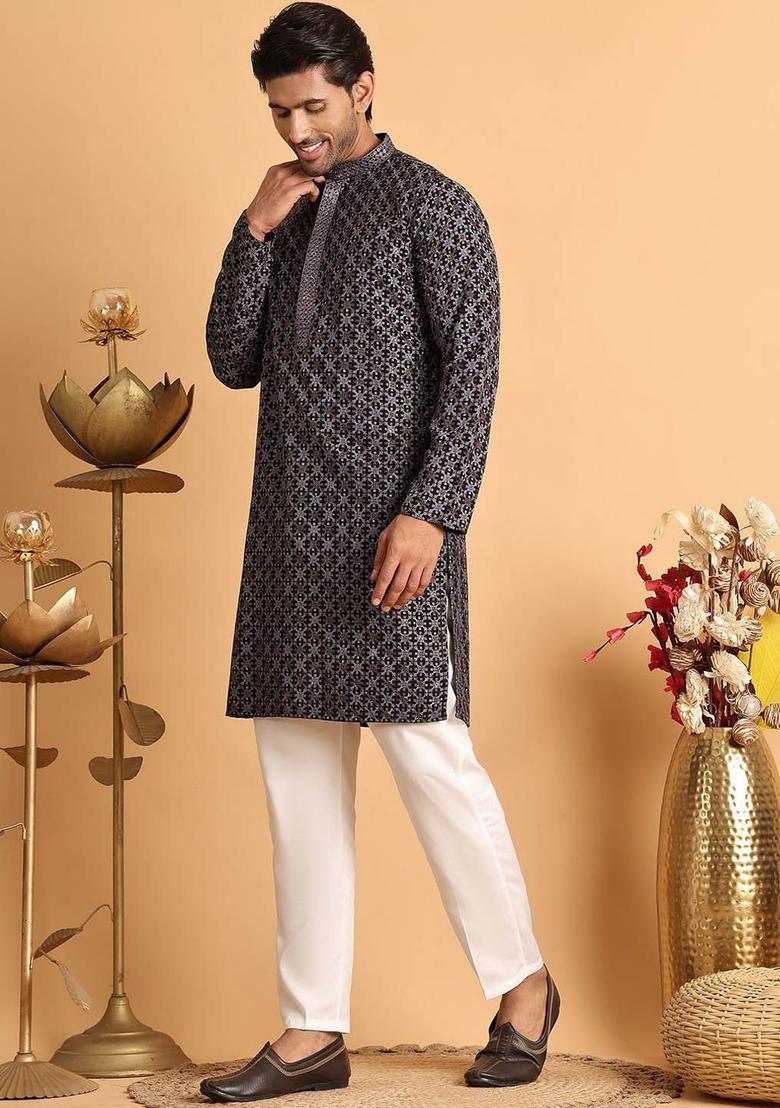 Grey Embroidered Viscose Kurta Set For Men - Indya