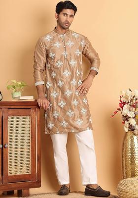 Brown Embroidered Silk Kurta Set For Men