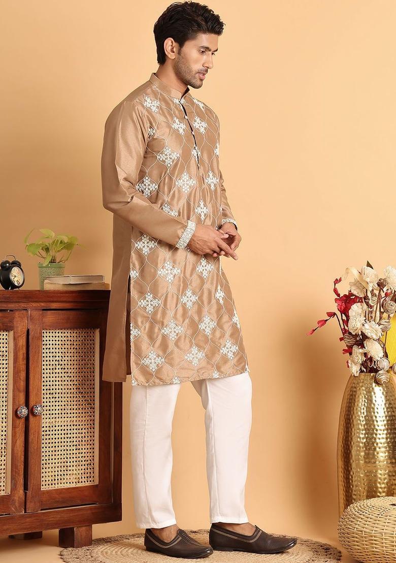 Brown Embroidered Silk Kurta Set For Men - Indya