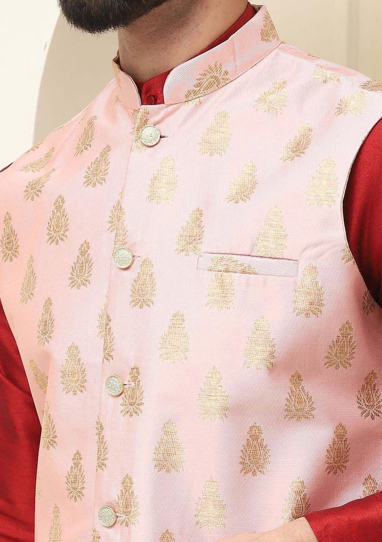 Maroon Solid Silk Kurta Set For Men - Indya