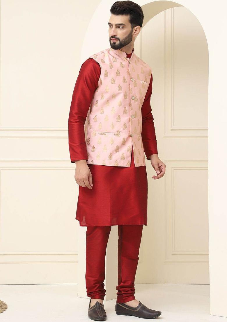 Maroon Solid Silk Kurta Set For Men - Indya
