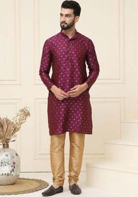 Purple Printed Silk Kurta Set For Men