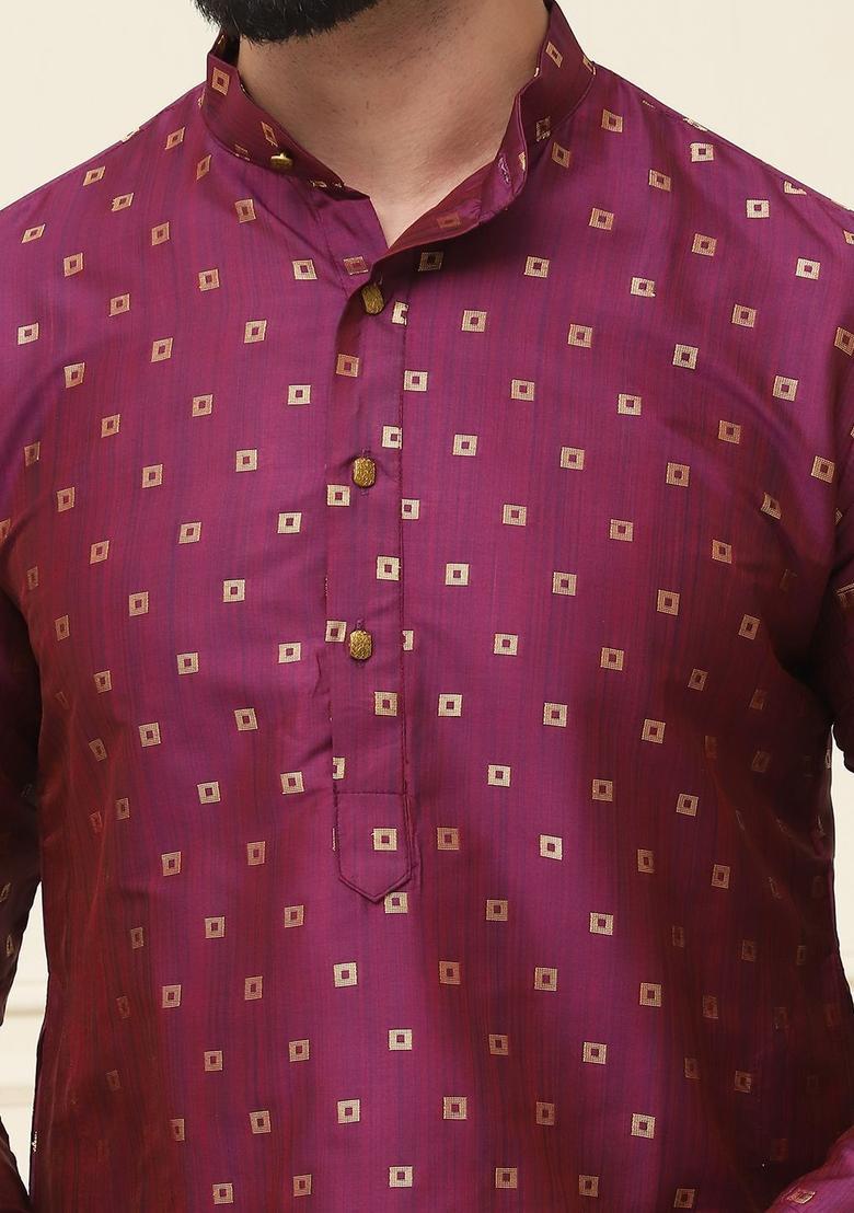 Purple Printed Silk Kurta Set For Men - Indya