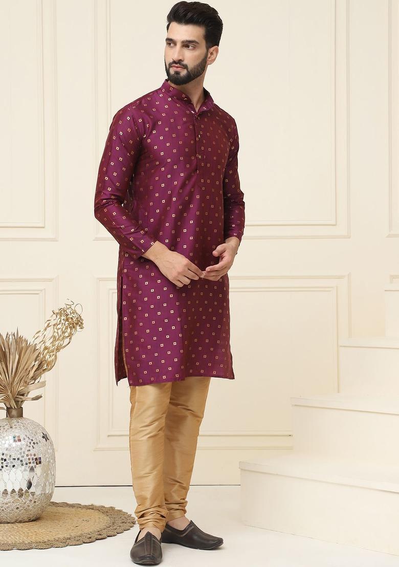 Purple Printed Silk Kurta Set For Men - Indya