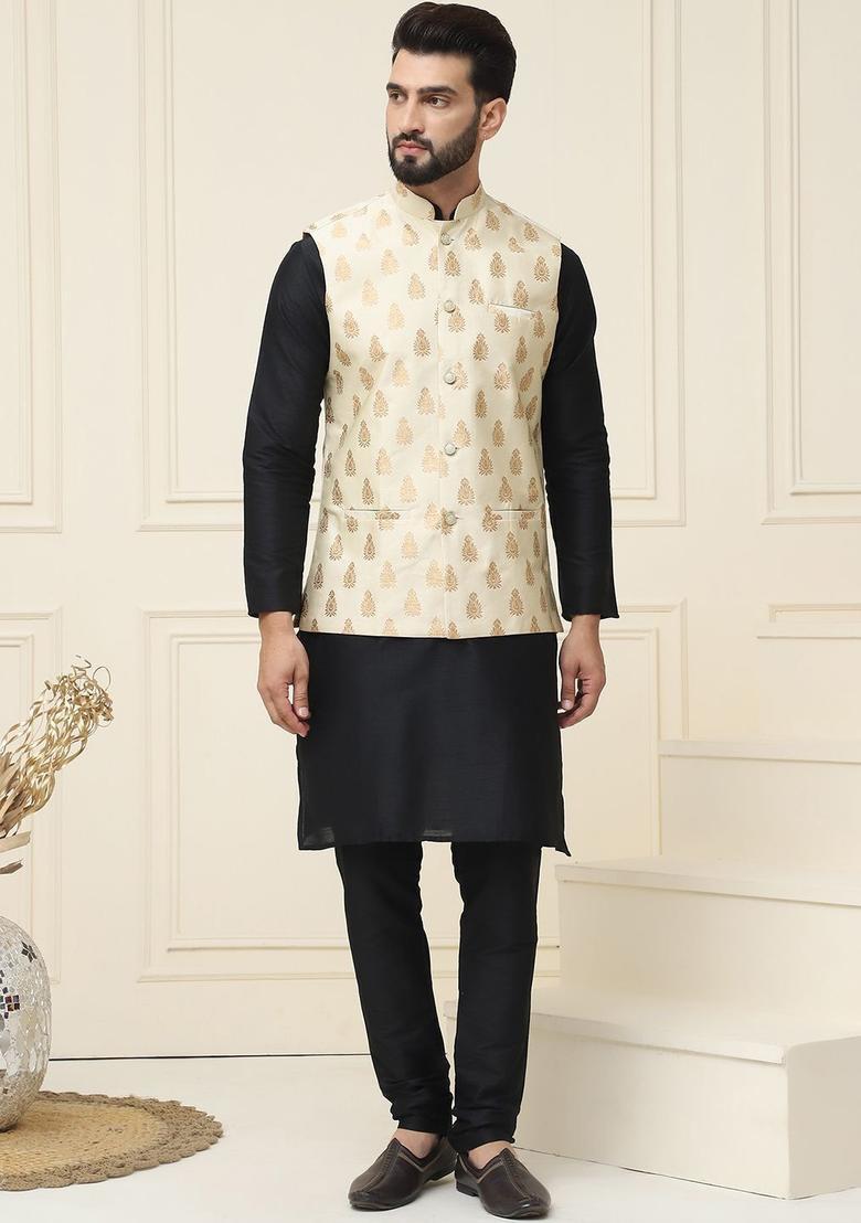 Black Solid Silk Kurta Set For Men - Indya