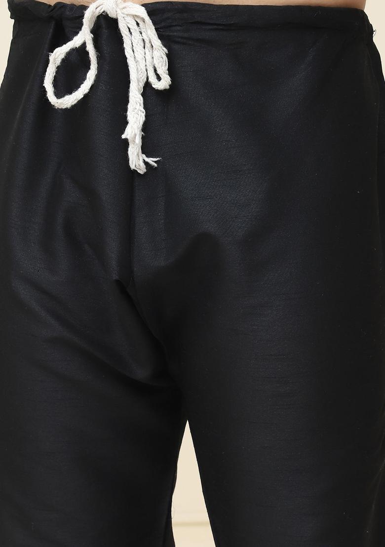 Black Solid Silk Kurta Set For Men - Indya