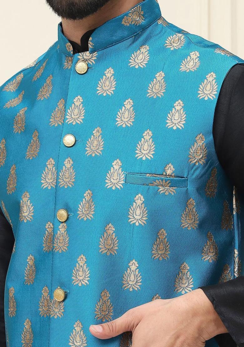 Black Solid Silk Kurta Set For Men - Indya