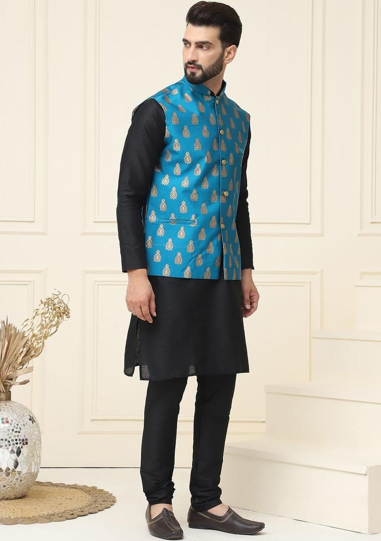Black Solid Silk Kurta Set For Men - Indya