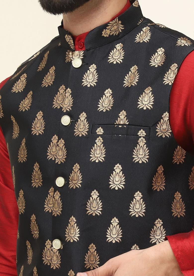Maroon Solid Silk Kurta Set For Men - Indya