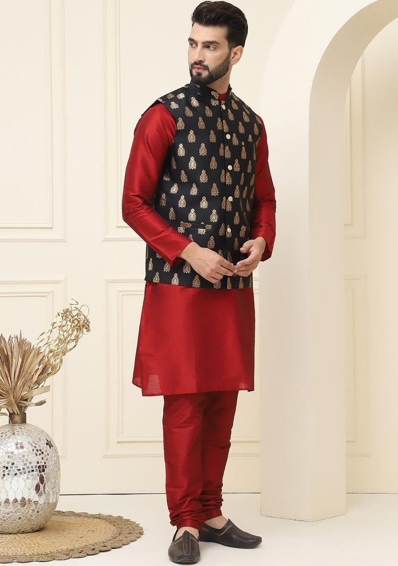 Maroon Solid Silk Kurta Set For Men - Indya