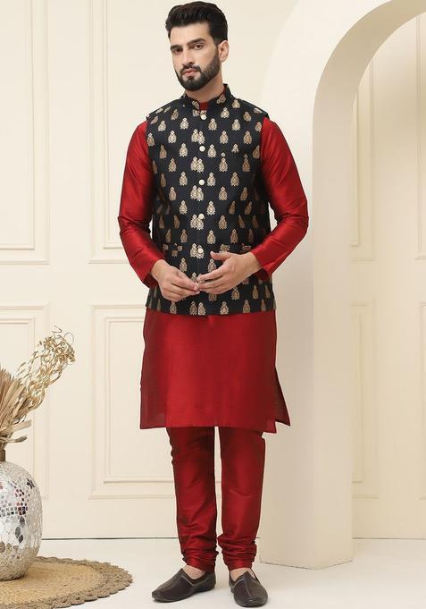 Maroon Solid Silk Kurta Set For Men