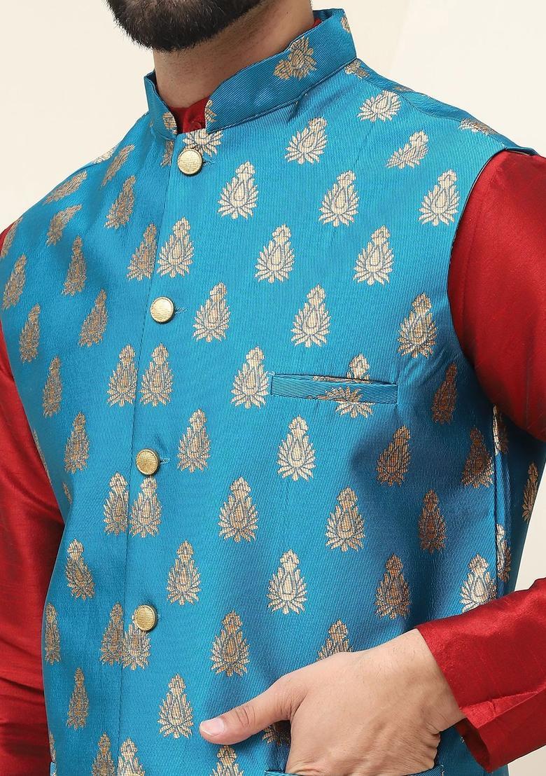 Maroon Solid Silk Kurta Set For Men - Indya