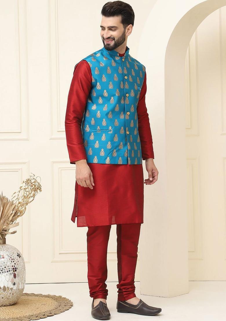 Maroon Solid Silk Kurta Set For Men - Indya